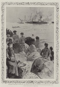 Les navires de garde de la reine dans la baie de Dublin, le navire amiral saluant la pinnace du lord lieutenant revenant d